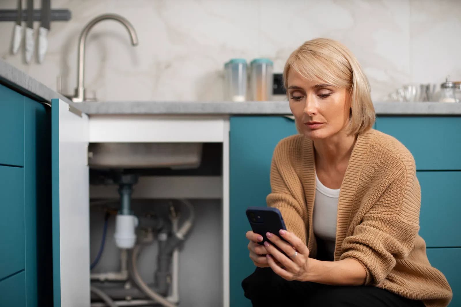 Homeowner beside an open under-sink cabinet searching for a local plumber on a smartphone.